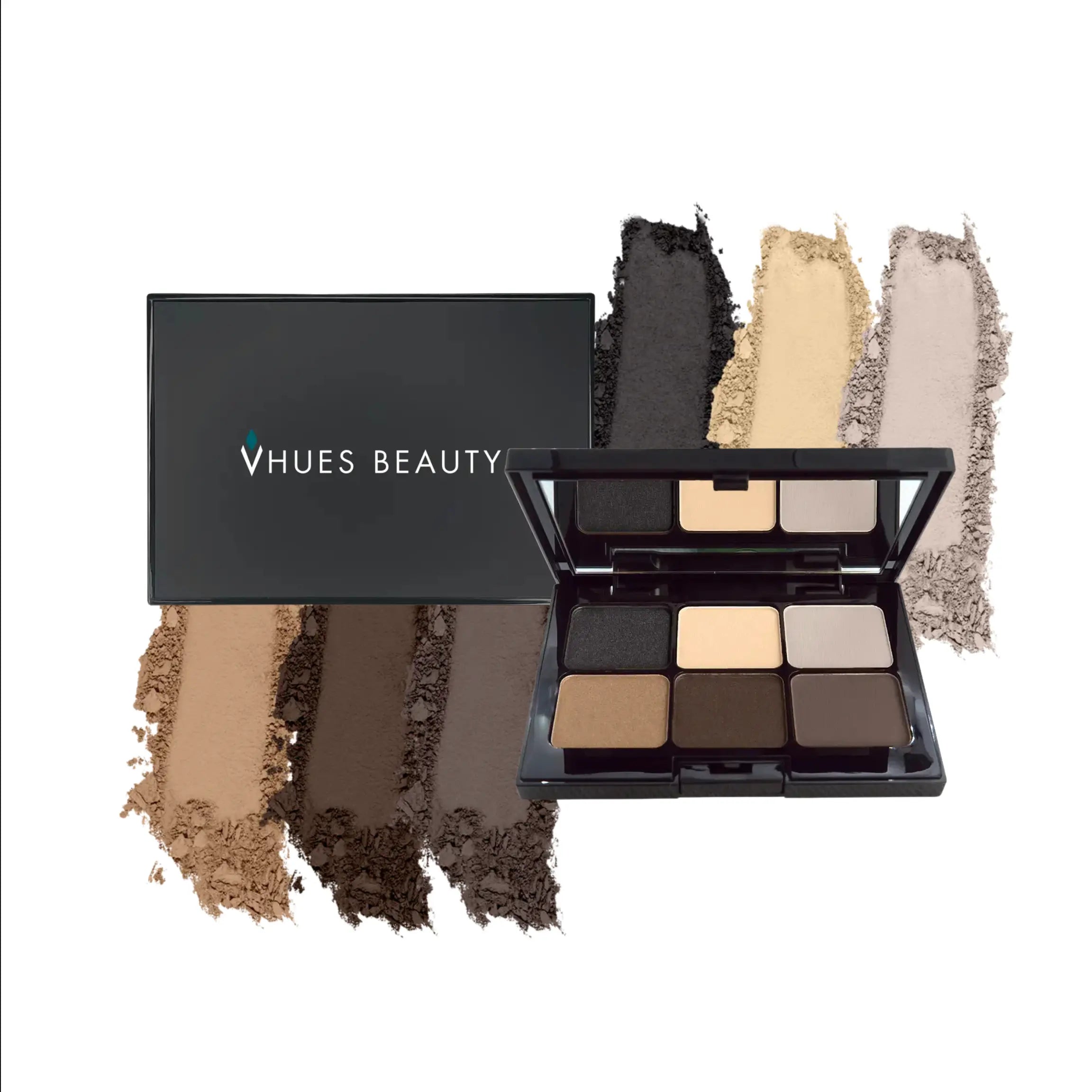 Vegan eyeshadow palette (matte & shimmer) with dark slate, black, and taupe shades