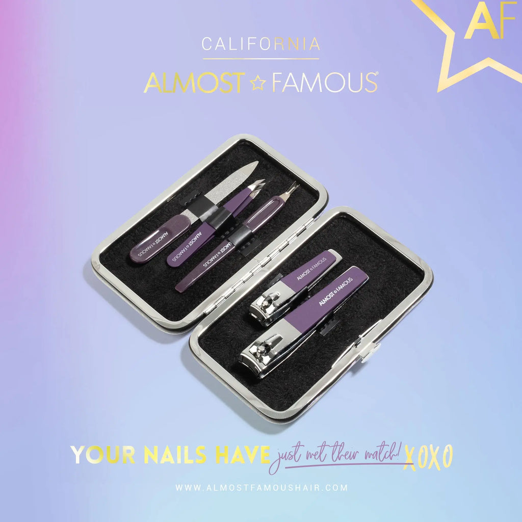 Almost Famous manicure kit with travel case open; nail tools and accessories visible in tray