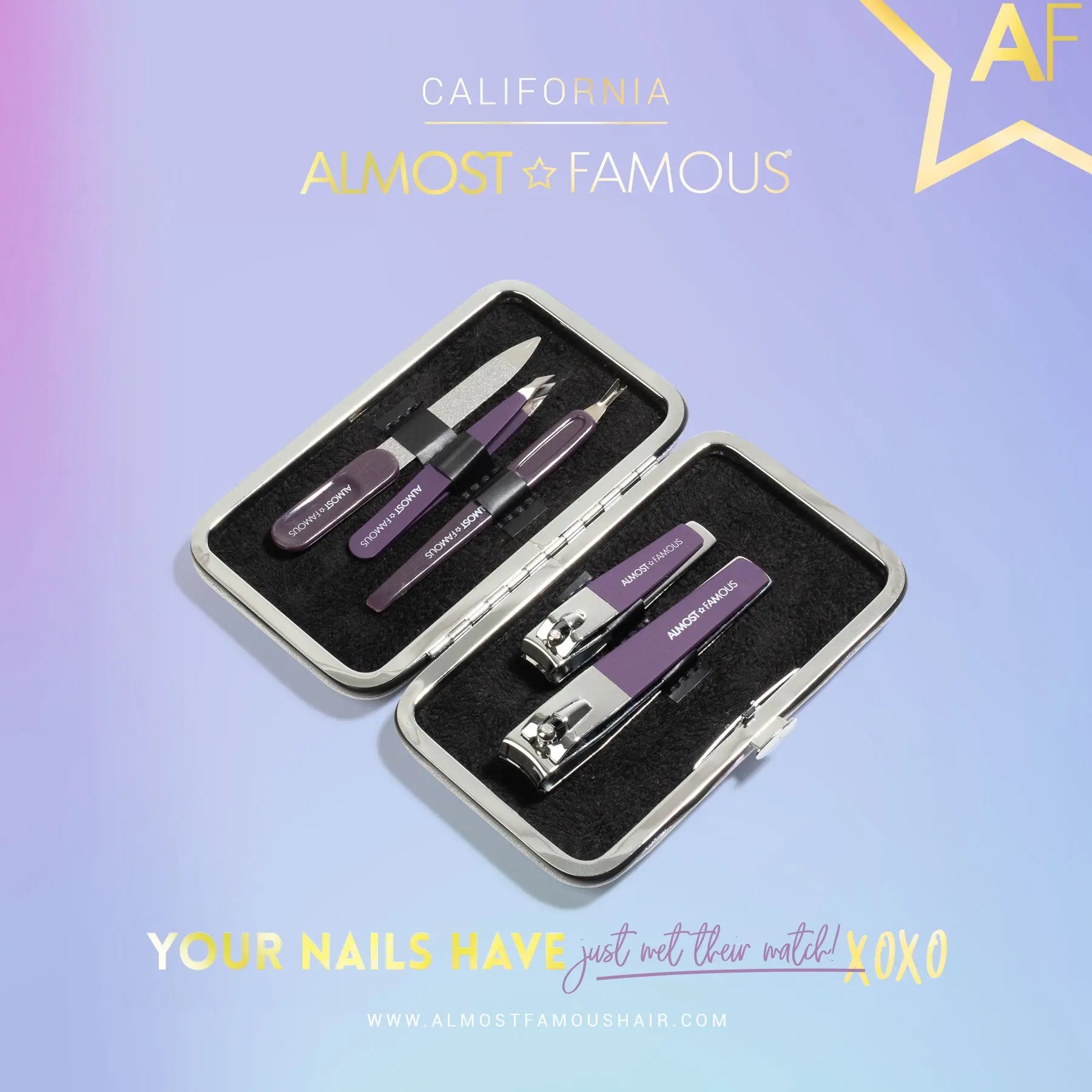 Almost Famous manicure kit with travel case open; nail tools and accessories visible in tray