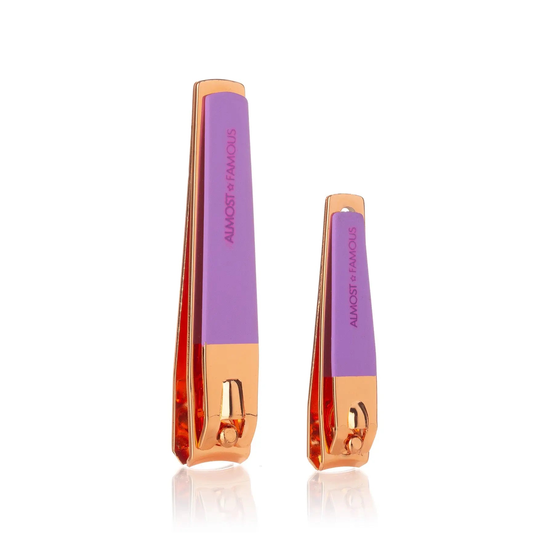 Pair nail clippers: rose-gold blades with purple handles, side view