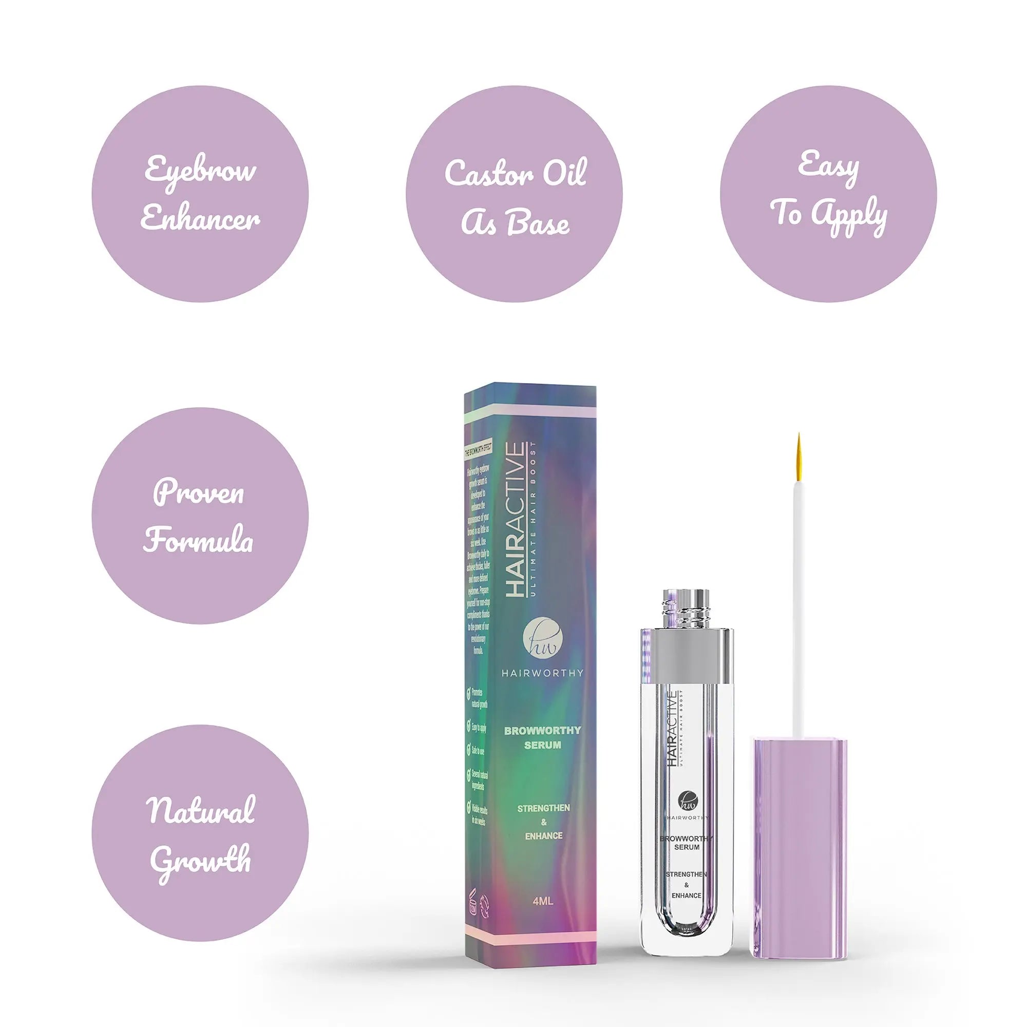 Eyebrow serum callouts: Castor Oil as Base, Easy to Apply, Proven Formula