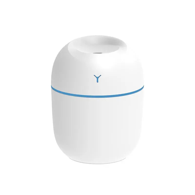 White portable ultrasonic aroma diffuser humidifier with LED ring and nozzle opening.
