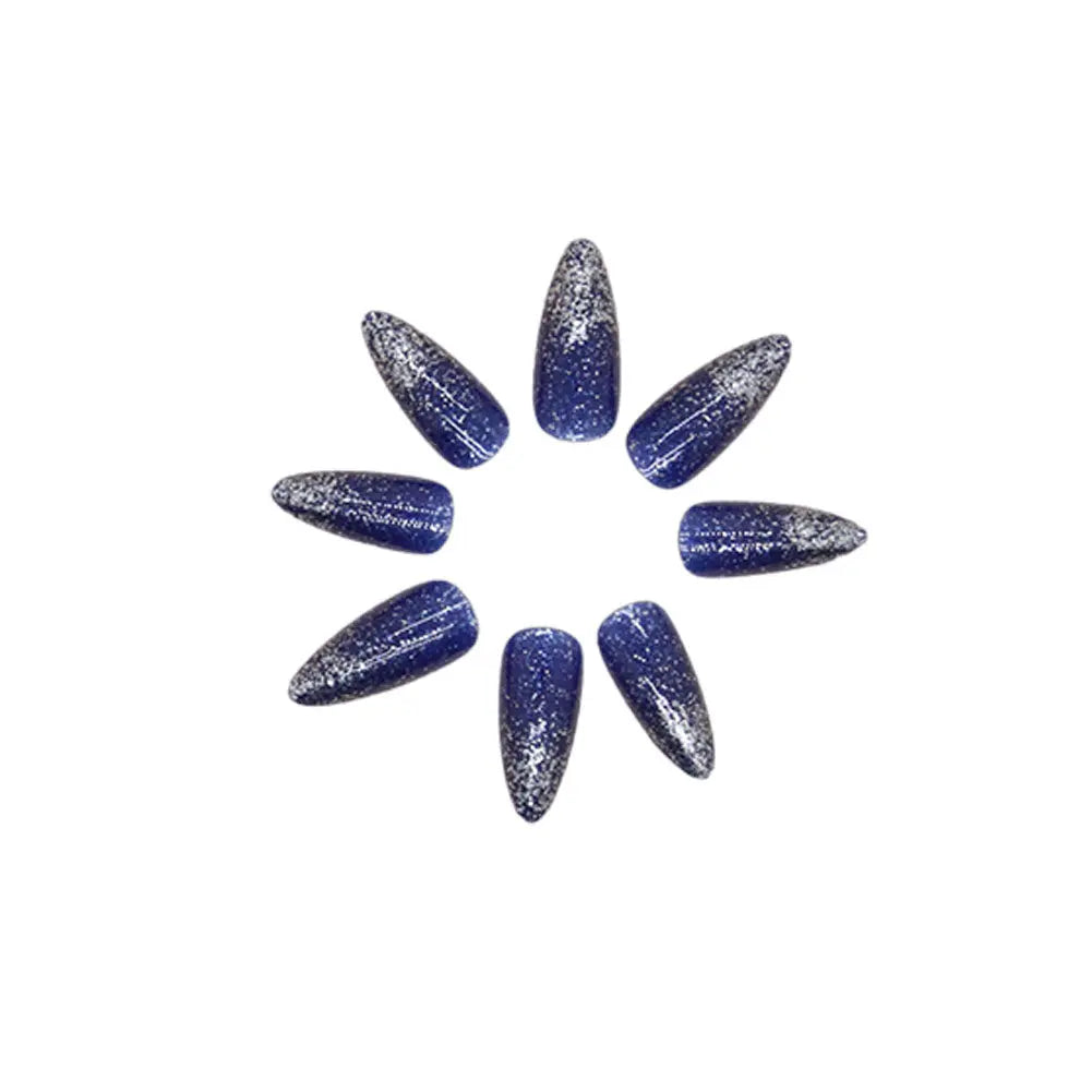 Press-on nails set with glue and reusable tips, deep blue glitter long almond shape