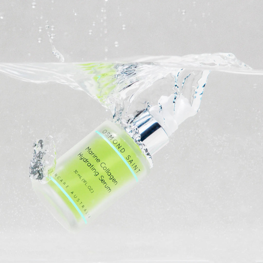 Marine Collagen Hydrating Serum 30 ml, pumpfles met waterdruppels en etikettenschrift