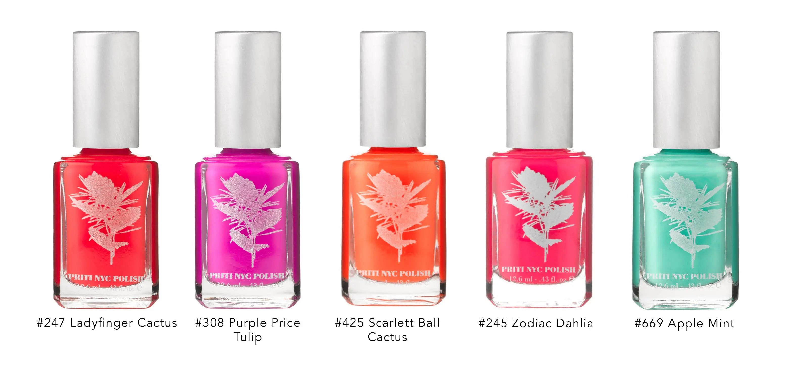 PRITINYC Summer brights vegan nail polish collection: five bright cactus & mint bottles