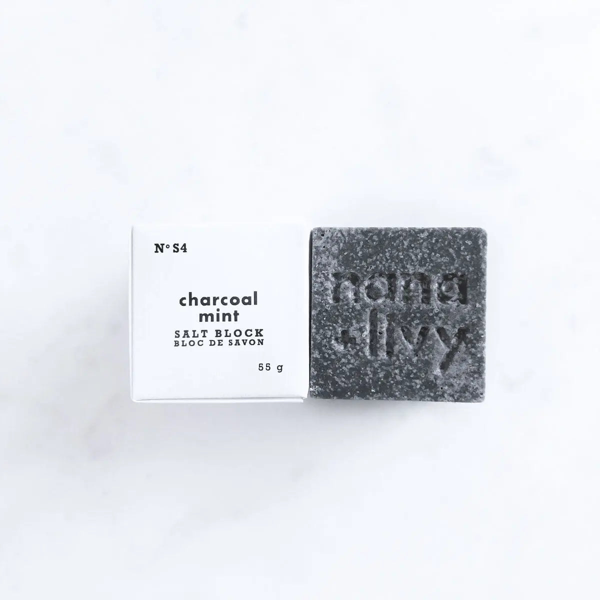 Charcoal mint salt block with 55 g box label