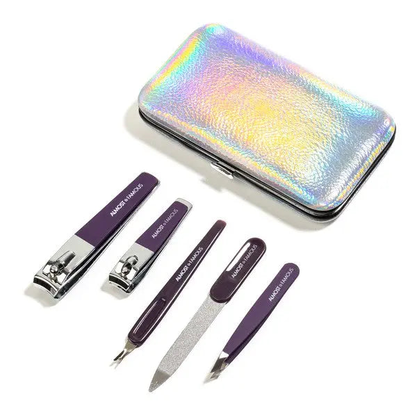 Silver holographic travel case with five manicure tools: clippers, nail file, and cuticle tools
