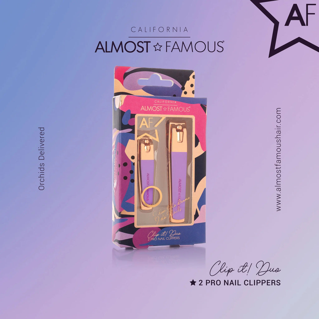 Clip it Duo nail clippers packaging card with two clippers, rose gold and purple