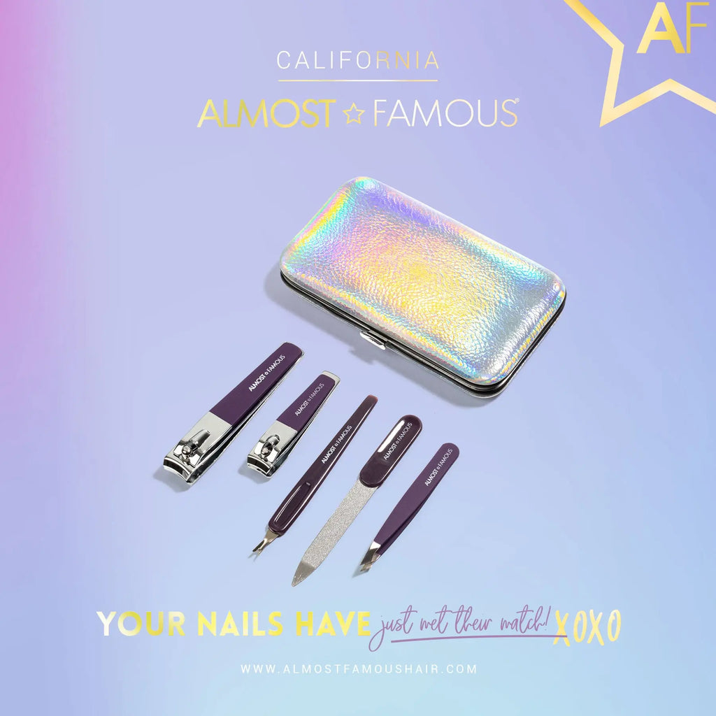 Manicure tools with silver holographic travel case, set includes clippers, file, and applicators