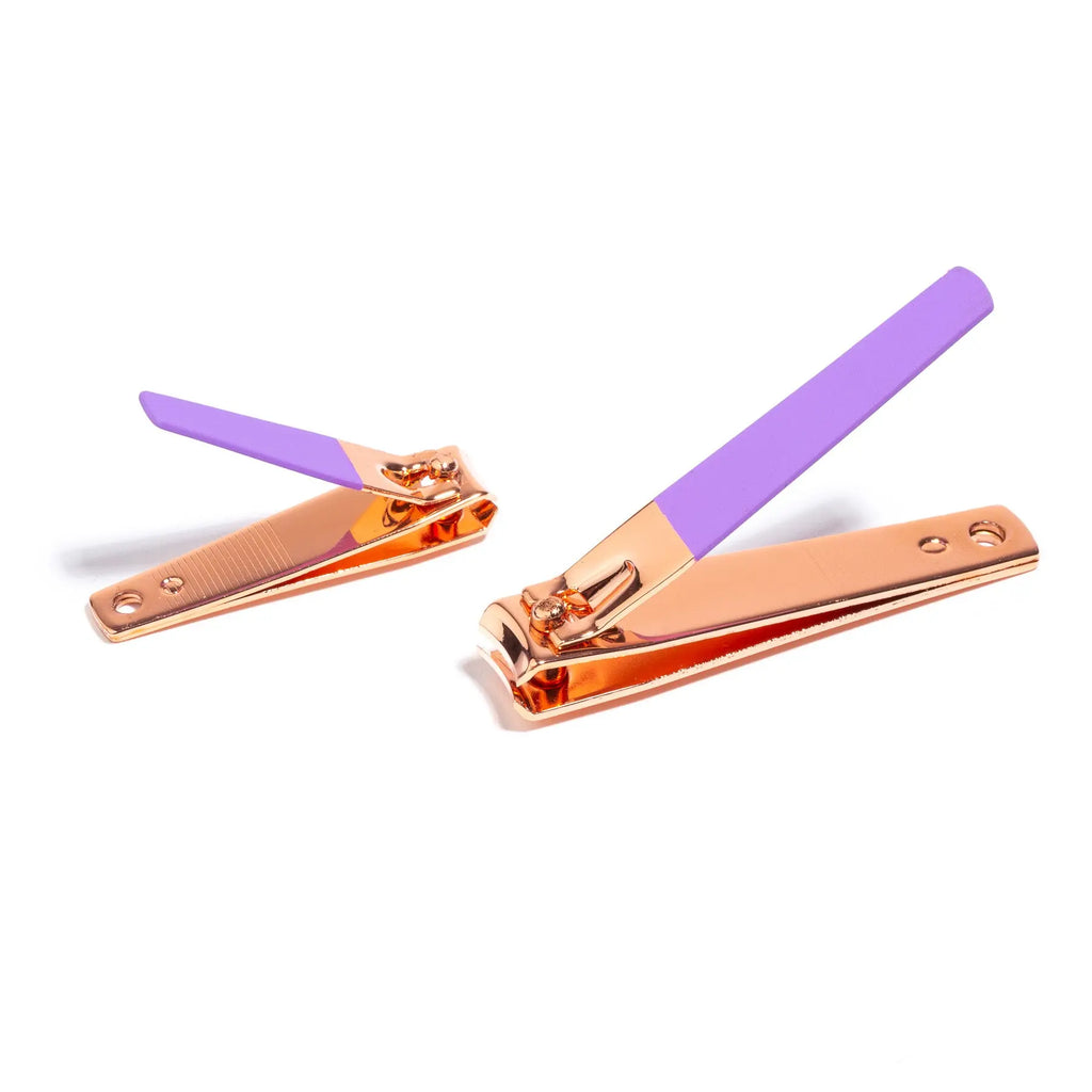 Nail clippers duo with rose-gold body and purple handles