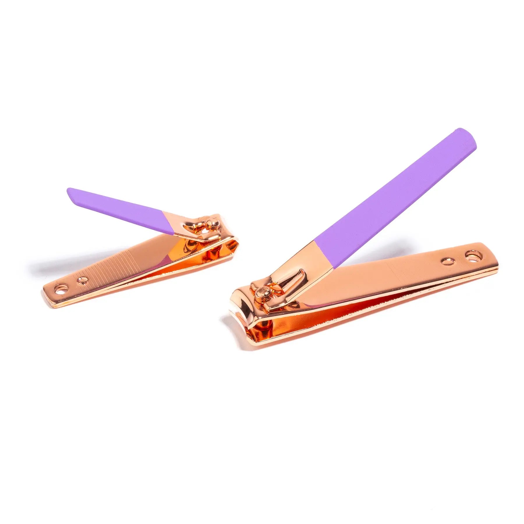 Nail clippers duo with rose-gold body and purple handles
