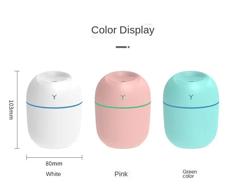 Color options: white, pink and teal portable ultrasonic humidifier aroma diffuser.