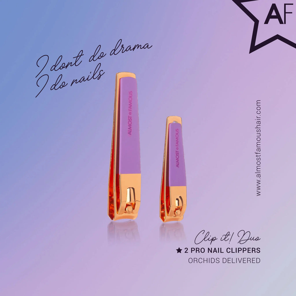 Two rose-gold nail clippers with purple handles, side-by-side