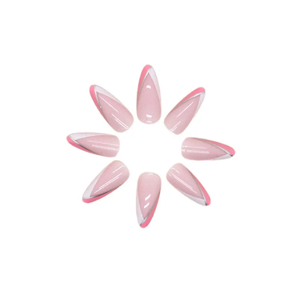 Press-on nail set, glossy pink tips with white diagonal stripe accents