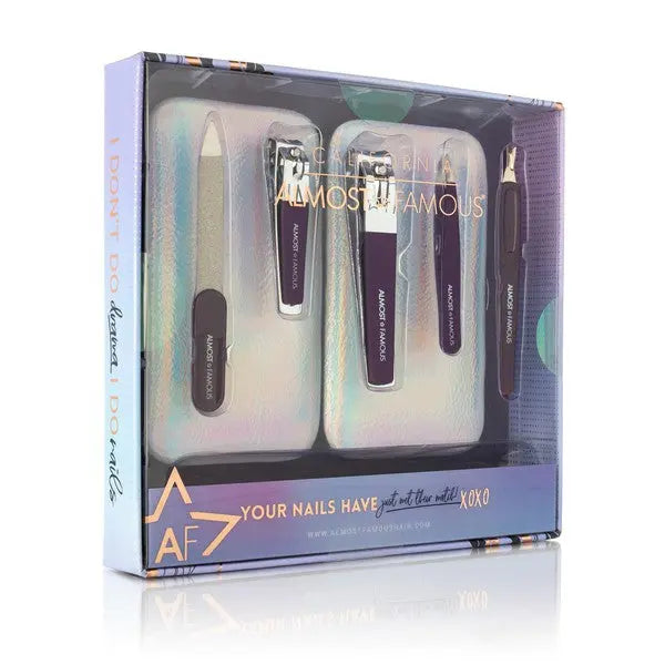 Manicure kit travel case, silver holographic exterior with grooming tools arranged inside