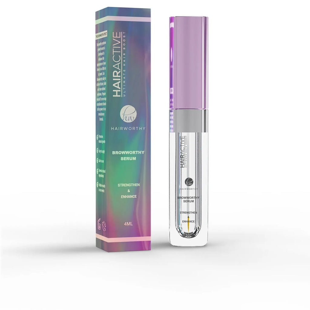 Hairactive Eyebrow serum bottle with purple-tinted cap and product box