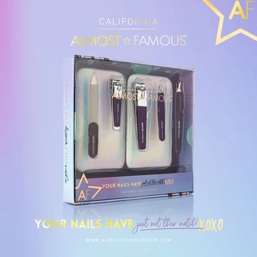 Almost Famous manicure kit in silver holographic travel case with nail tools inside