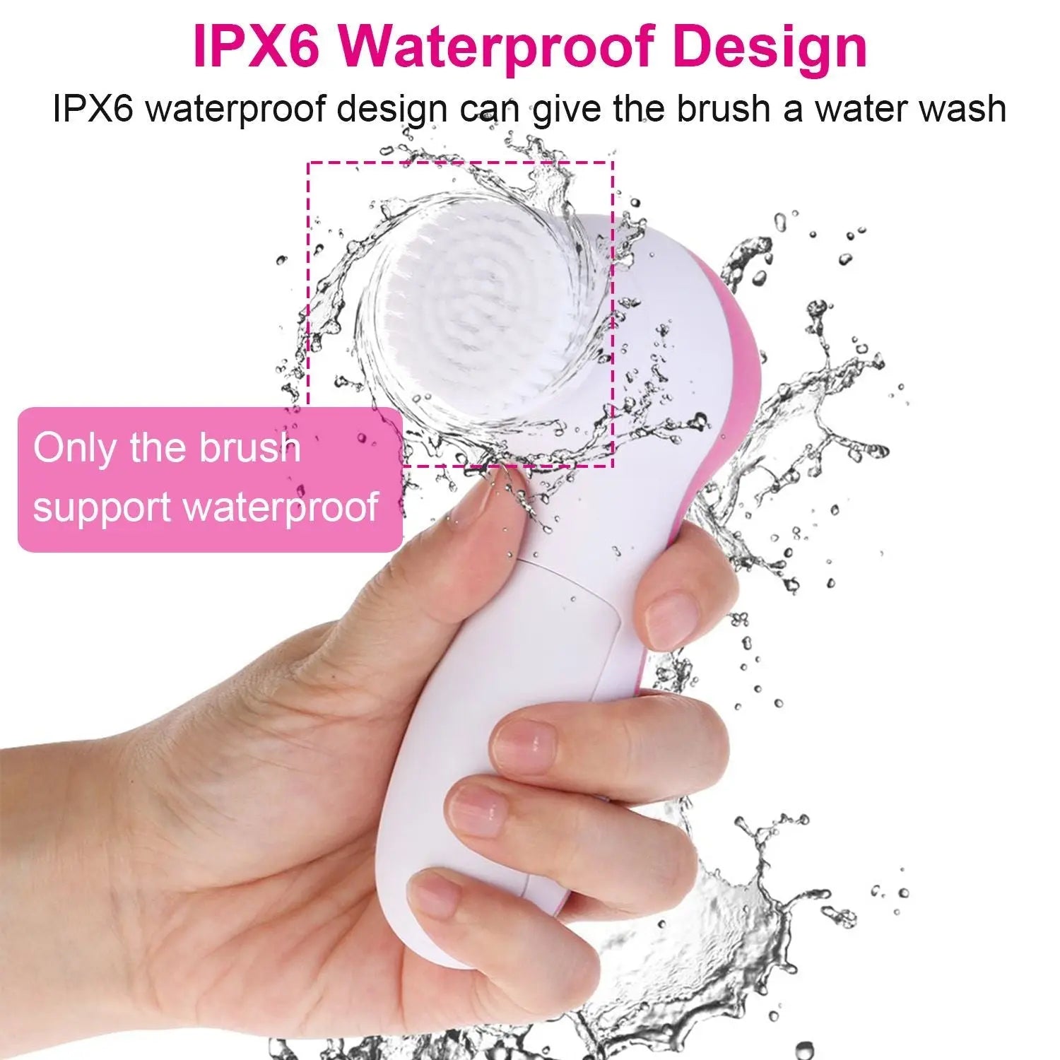 Pink and white waterproof facial cleansing brush, hand-held with rotating brush head