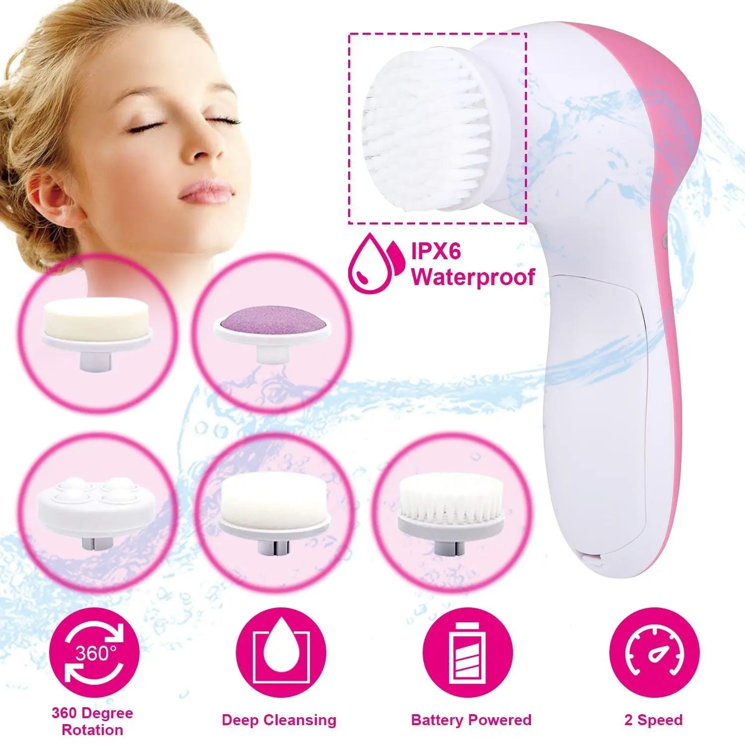 Pink waterproof facial cleansing spin brush with rotating bristle head and 5 attachments