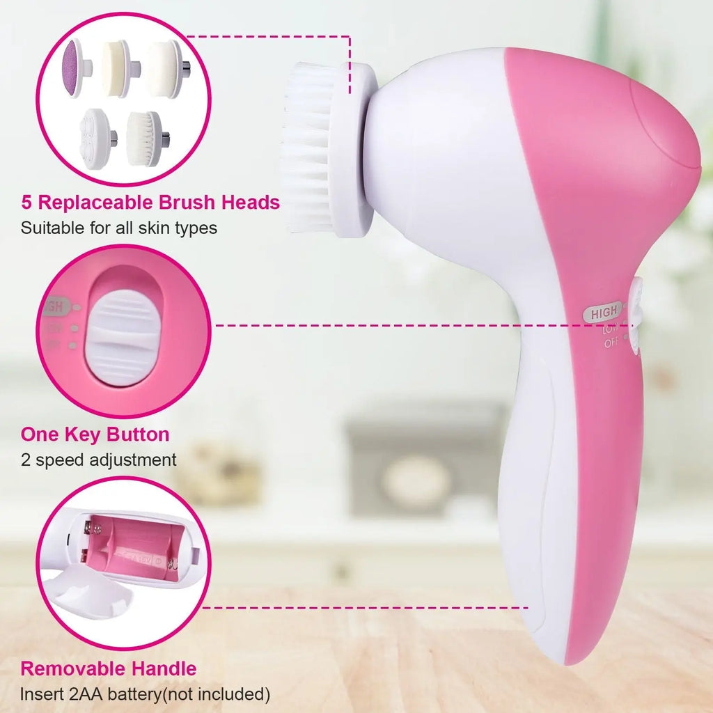 Pink facial cleansing brush with five replaceable brush heads and two speed settings