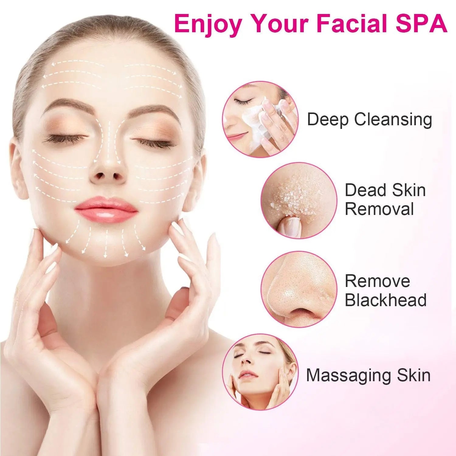 Pink facial cleansing brush with rotating bristle head for deep facial cleaning