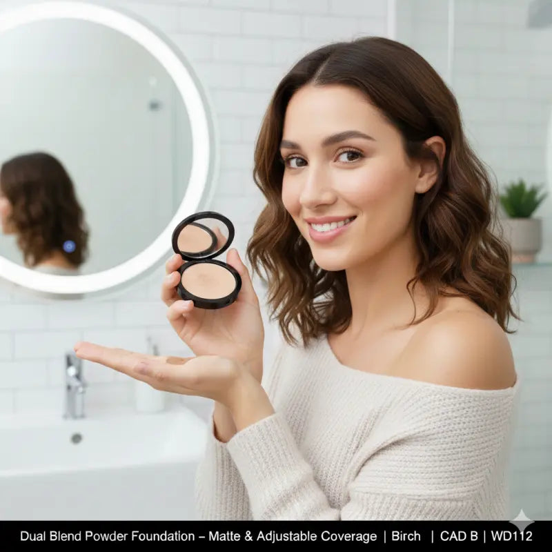 Birch powder foundation compact held near mirror; matte, adjustable coverage (WD112)