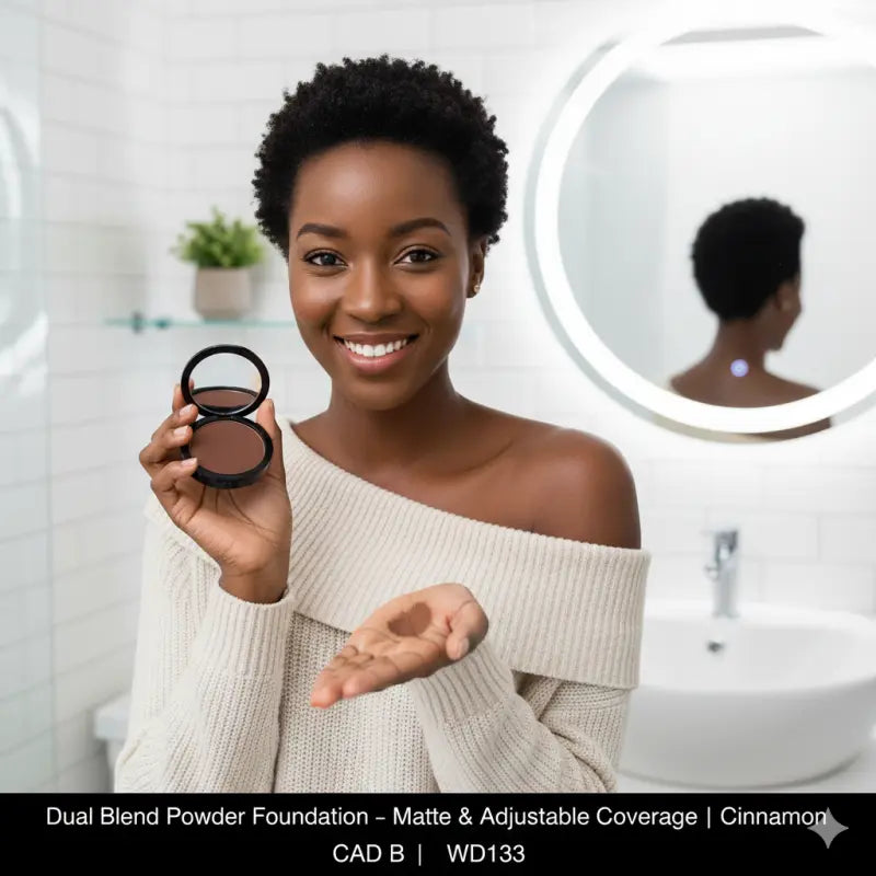 Woman holding matte powder foundation compact, Cinnamon shade (CAD B, WD133)