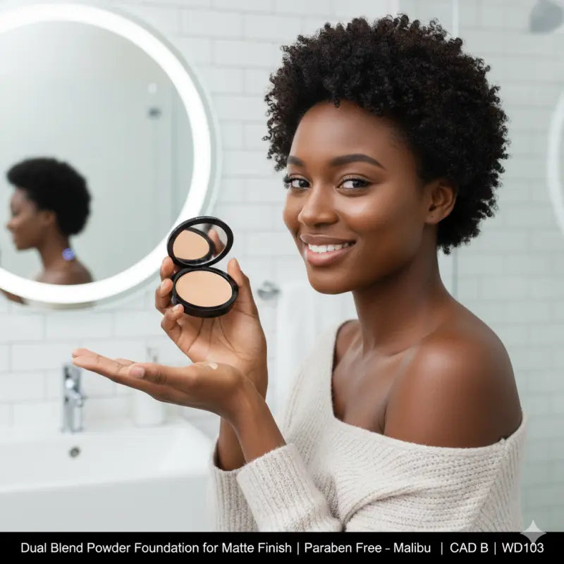 Dual Blend Powder Foundation matte compact in hand; beige shade for WD103 Malibu