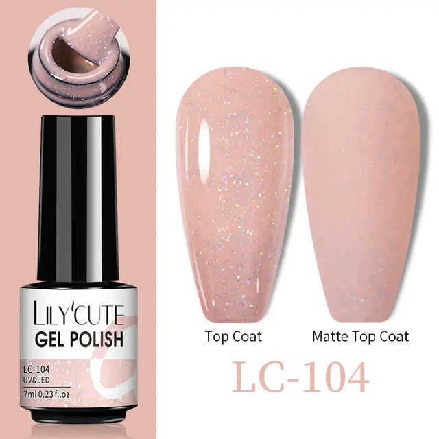 Thermal gel nail polish LC-104: pink glitter swatch, glossy vs matte top coat