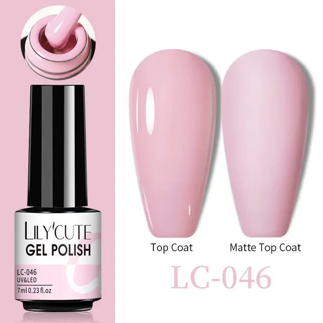 Thermo Gel Nail Polish LC-046: light pink swatch with Top Coat and Matte Top Coat