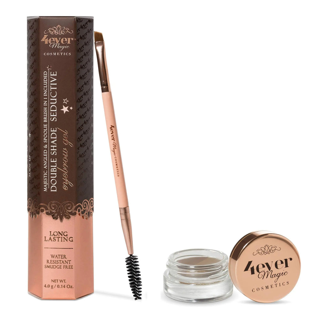 Double Shade Eyebrow Gel and Brush set, medium-brown gel with jar