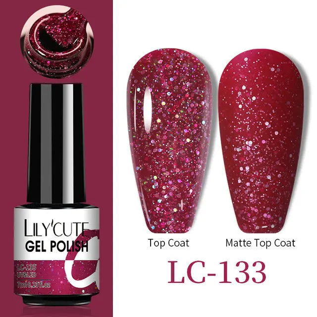 Color Changing Thermal Gel Nail Polish LC-133, berry glitter glossy top coat vs matte top coat