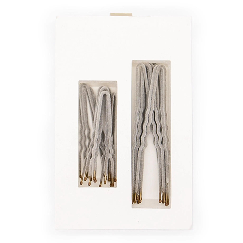 Grey velvet hairpins, two wavy coated pins with gold ends in clear sleeve