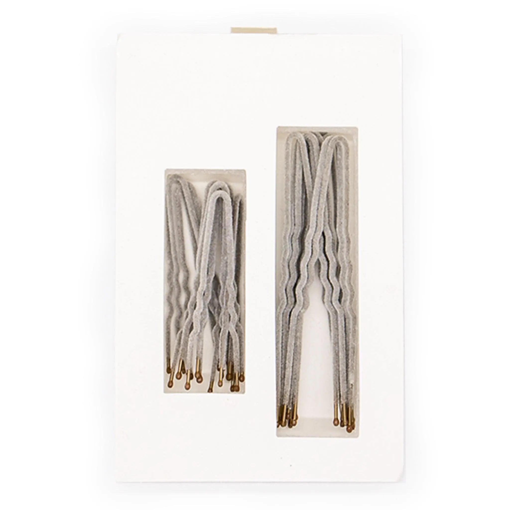 Grey velvet hairpins, two wavy coated pins with gold ends in clear sleeve