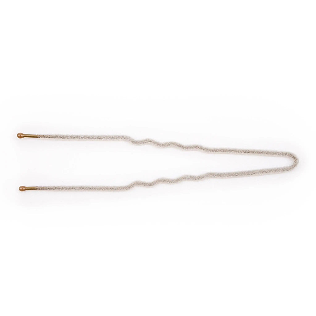 Pair of grey velvet hairpins with gold prongs, wavy looped design