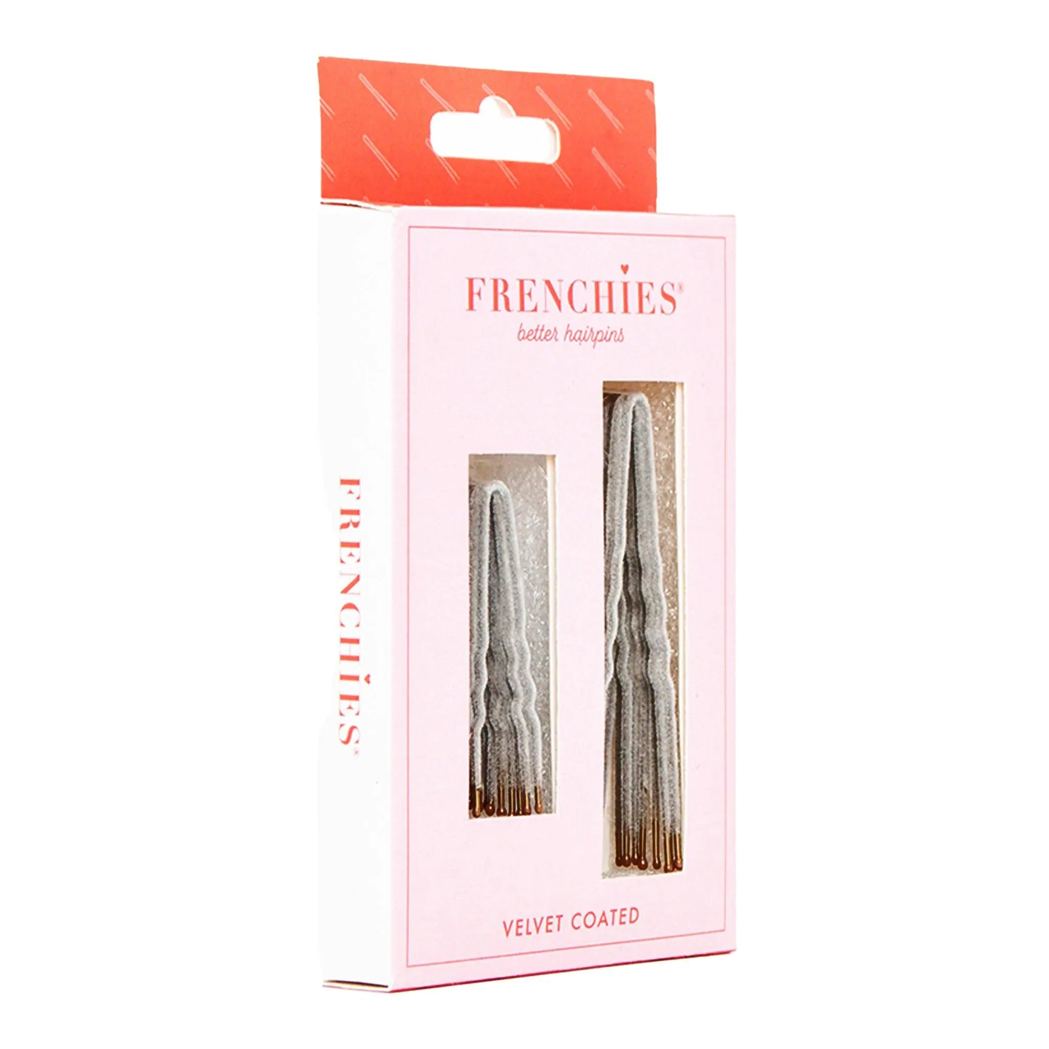 Grey velvet-coated hairpins box, two pins shown with gold tips