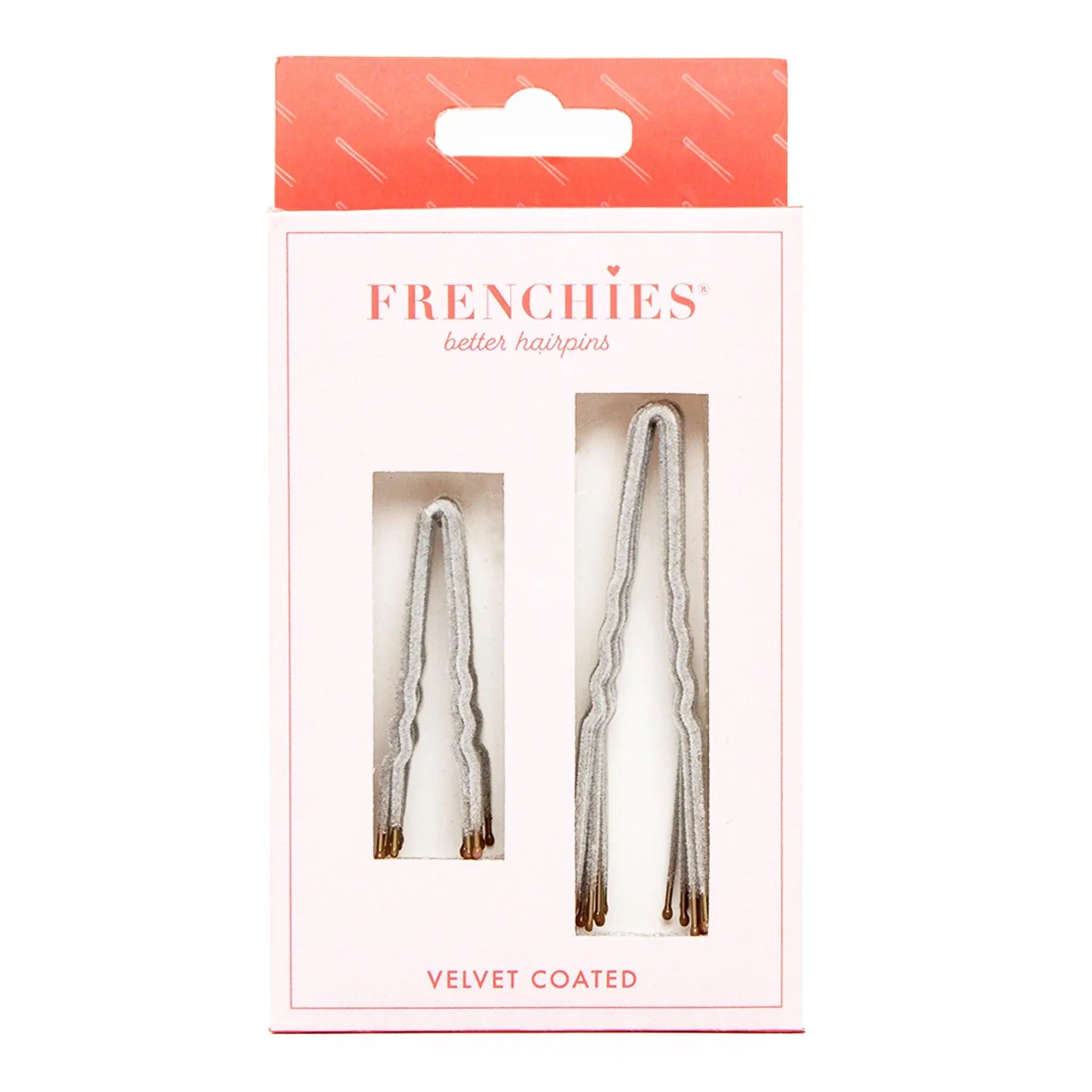 Grey velvet-coated hairpins in box, two grey pins with gold prongs
