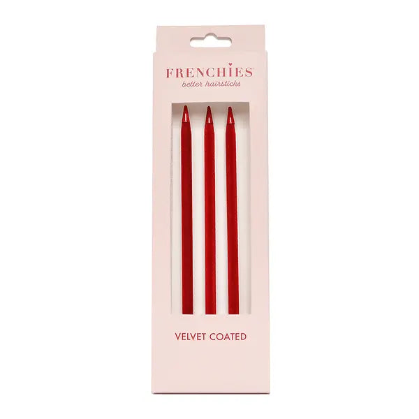 Red velvet-coated hairsticks, three red pins in Frenchies retail pack