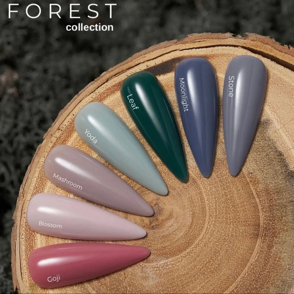 FOREST collection swatch set on wood: Mushroom nail shade among other colors