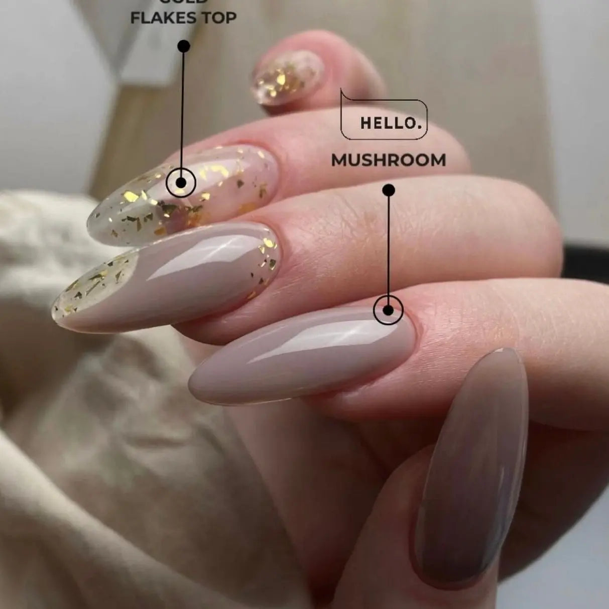 Mushroom Tint Base on long acrylic nails, glossy nude with gold flakes