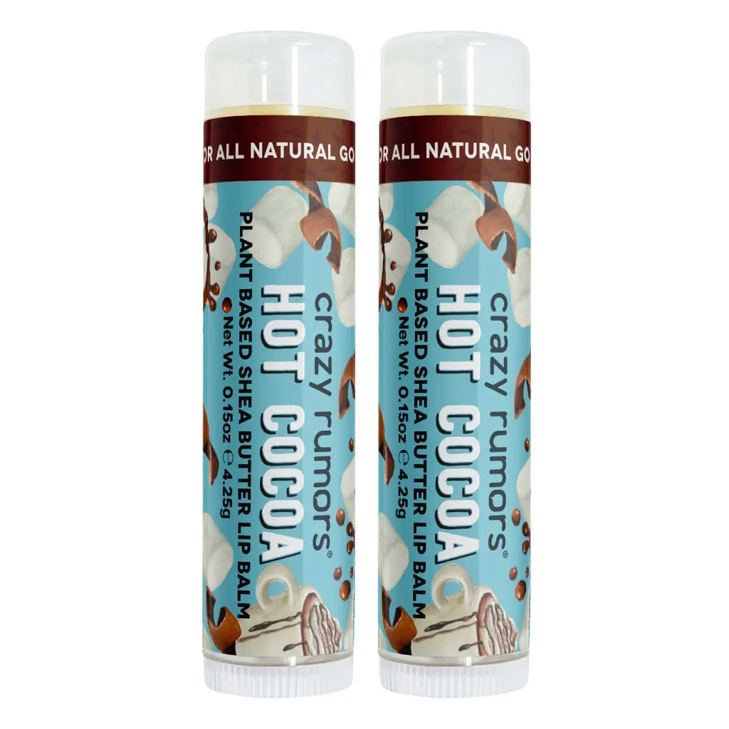 Two Hot Cocoa lip balm tubes side by side with white caps