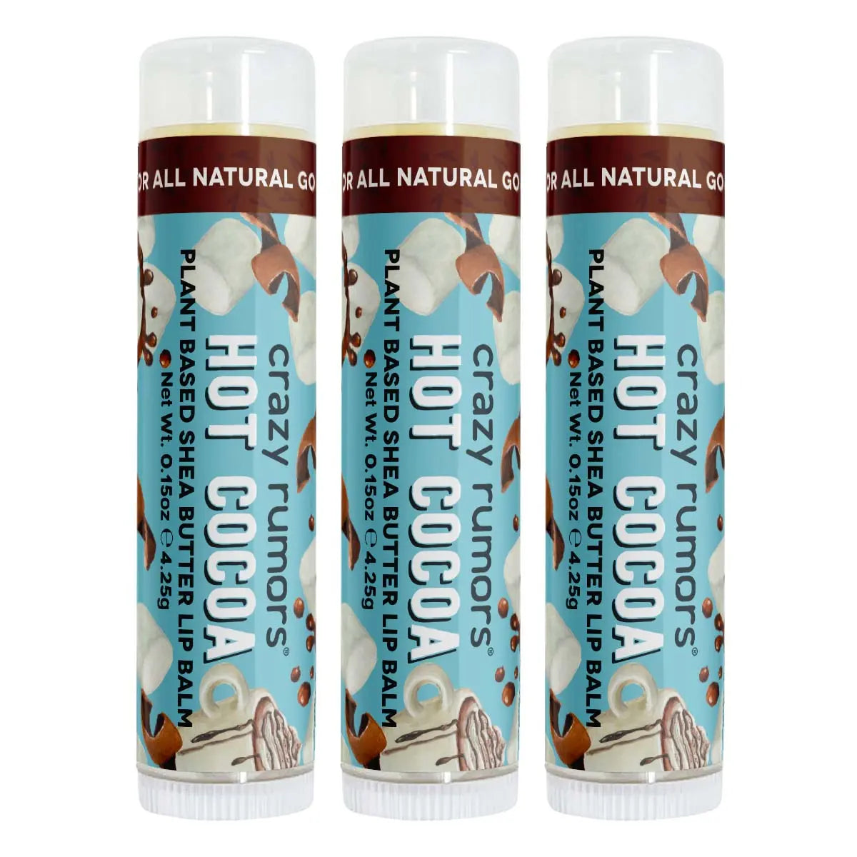 Three Hot Cocoa lip balm tubes lined up; blue label with “HOT COCOA” text