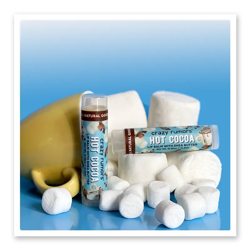 Hot Cocoa lip balm with label reading “crazy rumors” and “HOT COCOA”