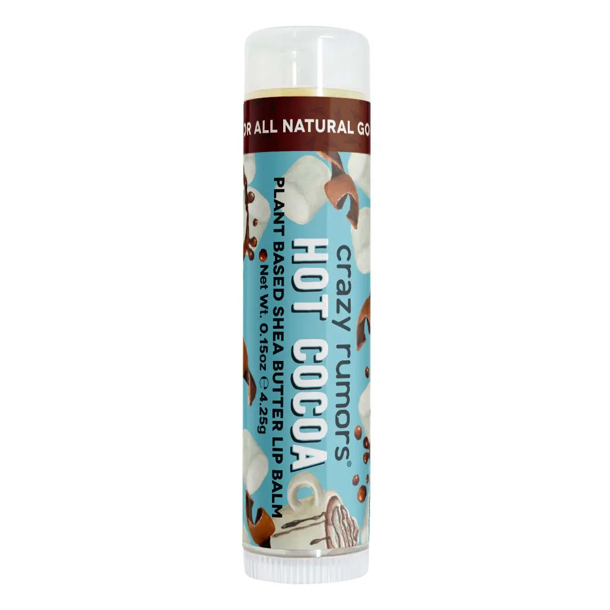 Hot Cocoa lip balm stick with white cap and blue label, Orchid Nyx