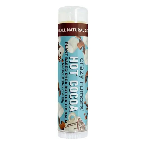 Hot Cocoa lip balm tube in profile with blue label and white twist-up cap