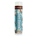 Hot Cocoa lip balm tube in profile with blue label and white twist-up cap