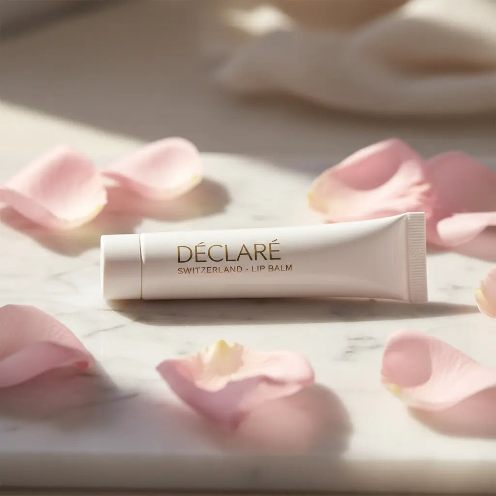 DÉCLARÉ Switzerland lip balm tube with pink petals around