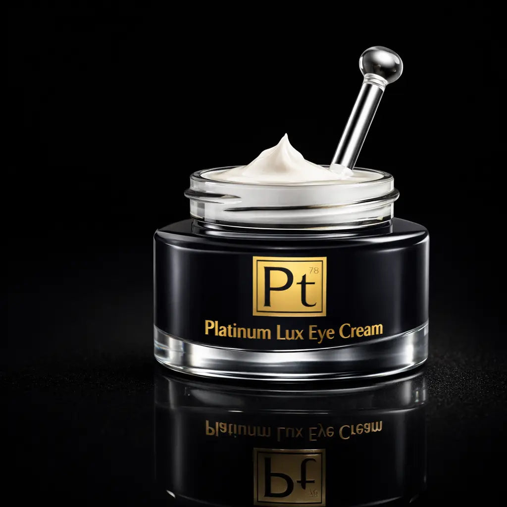 Platinum Lux Eye Cream jar with Pt label, opened lid, and metal applicator