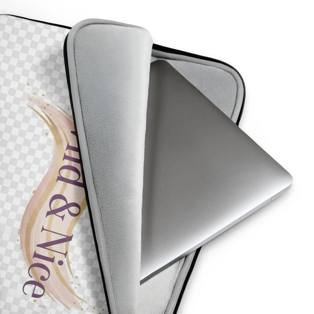 Laptop sleeve, light gray with black trim, holding a silver laptop