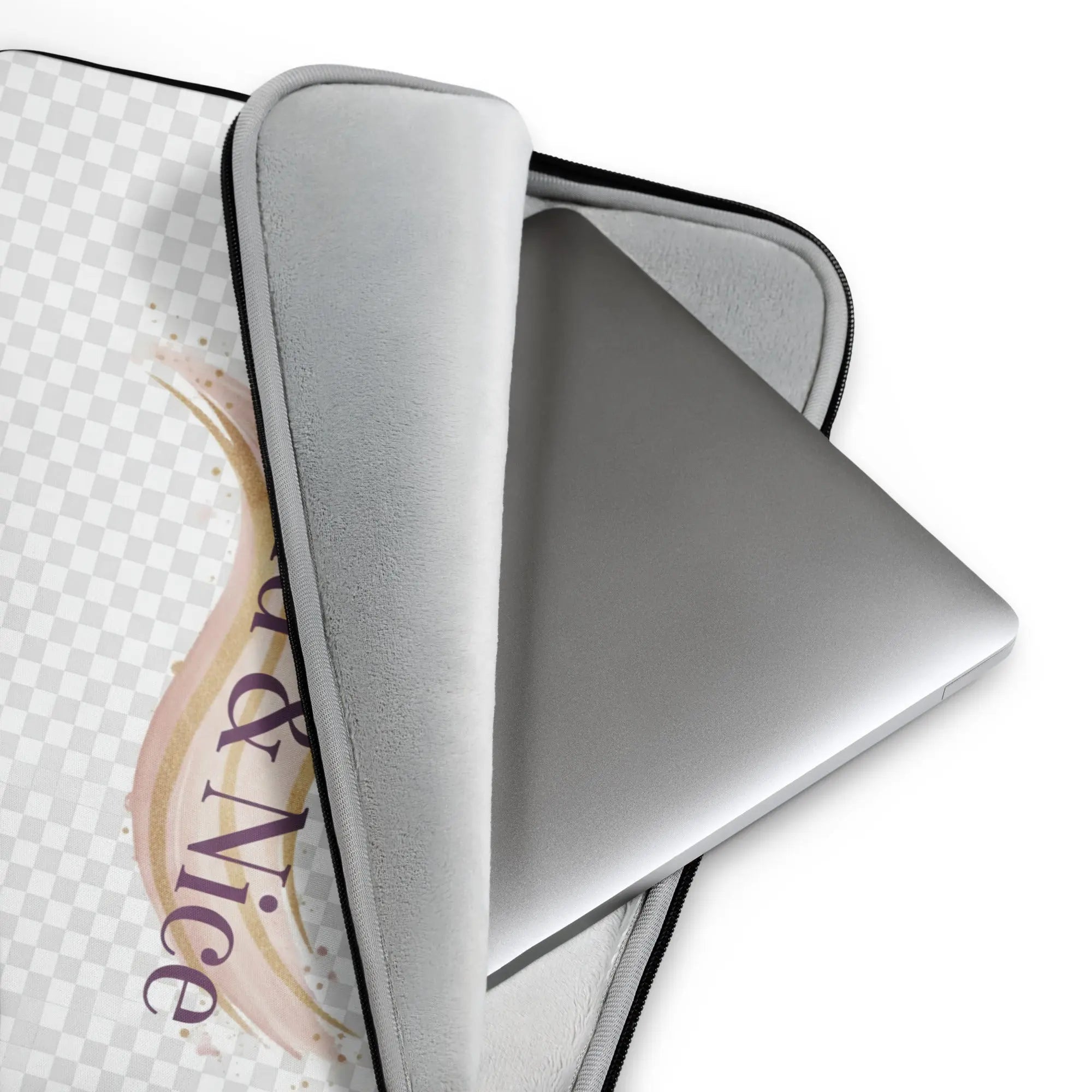 Laptop sleeve with padded light gray interior and black edge trim, laptop shown